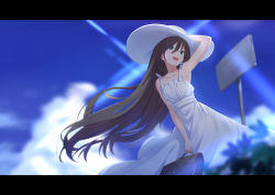 Rule 34 | 1girl, :d, absurdres, armpits, bare shoulders, brown eyes, brown hair, cloud, collarbone, day, deatheach, dress, hair between eyes, hand on headwear, hat, highres, leaning forward, letterboxed, long hair, looking to the side, open mouth, original, outdoors, sky, smile, solo, sun hat, sundress, very long hair, white dress, white hat, wind