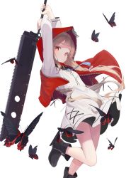 Rule 34 | 1girl, absurdres, arms up, bare legs, blonde hair, boots, bug, butterfly, cloak, dress, eyebrows, highres, holding, holding weapon, hood, hood up, hooded cloak, insect, leg up, little red riding hood, little red riding hood (grimm), looking at viewer, mikisai, parted lips, red cloak, red eyes, standing, standing on one leg, weapon