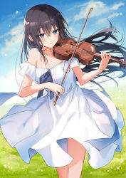 Rule 34 | 1girl, bare shoulders, black hair, blue eyes, blue sky, blush, bow (music), cloud, dress, field, grass, highres, holding, holding instrument, holding violin, instrument, kinona, long hair, music, original, outdoors, parted lips, playing instrument, sky, solo, standing, strapless, strapless dress, violin, white dress