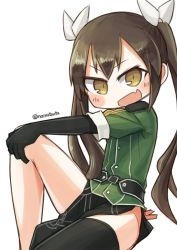 Rule 34 | &gt;:d, 10s, 1girl, :d, blush, brown hair, elbow gloves, fang, gloves, hair ribbon, hand on own knee, kantai collection, nanatsuta, open mouth, pelvic curtain, ribbon, single thighhigh, sitting, smile, solo, thighhighs, tone (kancolle), tone kai ni (kancolle), twintails, twitter username, v-shaped eyebrows, white background, yellow eyes
