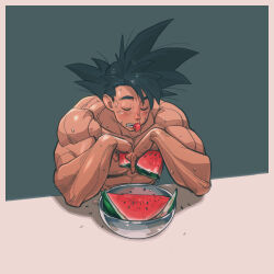 Rule 34 | 1boy, biceps, blonde hair, blush, bowl, closed eyes, collarbone, dragon ball, eating, elbows on table, food, fruit, highres, holding, holding food, holding fruit, male focus, medium hair, mouth hold, muscular, muscular male, pectorals, seed, solo, son goku, spiked hair, supobi, sweat, teeth, topless male, watermelon, watermelon slice