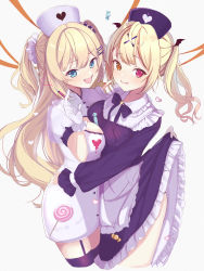 Rule 34 | 2girls, absurdres, akai haato, ass, assisted exposure, asymmetrical docking, between breasts, black bow, black dress, black panties, black thighhighs, blonde hair, blue eyes, bow, breast press, breasts, candy, closed mouth, clothes lift, dress, dress lift, fang, food, frilled dress, frills, garter straps, hair ornament, hair scrunchie, halloween costume, hat, heart, highres, hololive, hoshikawa sara, hug, large breasts, lollipop, long hair, long sleeves, looking at viewer, maid, multiple girls, nijisanji, nurse, nurse cap, oguraponti, open mouth, orange eyes, panties, puffy long sleeves, puffy short sleeves, puffy sleeves, red eyes, scrunchie, short dress, short sleeves, smile, syringe, thighhighs, twintails, two side up, underwear, very long hair, virtual youtuber, white dress, x hair ornament, zettai ryouiki