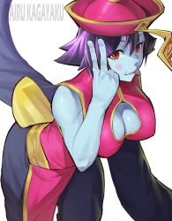 1girl absurdres artist_request blue_skin blush_stickers breasts capcom chinese_clothes cleavage cleavage_cutout clothing_cutout colored_skin female_focus highres jiangshi large_breasts hsien-ko looking_at_viewer ofuda ofuda_on_clothes purple_hair red_eyes short_hair solo tongue tongue_out v darkstalkers