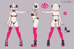 Rule 34 | 1girl, absurdres, artist name, ass, back, boots, bow, bra, character sheet, commentary, english commentary, from side, full body, grey background, grey hair, hair between eyes, highres, horns, indie virtual youtuber, multiple horns, multiple views, nano (nanoless), nanoless, navel, panties, patreon username, sharp teeth, short hair, simple background, skindentation, smile, standing, teeth, thighhighs, twitter username, underwear, virtual youtuber, watermark