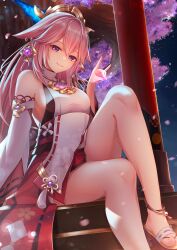 Rule 34 | 1girl, absurdres, animal ears, bare legs, bare shoulders, breasts, detached sleeves, fox ears, genshin impact, hair ornament, highres, japanese clothes, jewelry, large breasts, leg up, long hair, looking at viewer, pink hair, purple eyes, shoes, smile, solo, very long hair, wide sleeves, yae miko, yuno kaihara