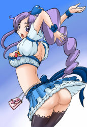Rule 34 | 00s, 1girl, aono miki, arms up, ass, back, black thighhighs, blue skirt, blush, breasts, cure berry, drill hair, earrings, fresh precure!, hair ornament, heart, heart hair ornament, jewelry, long hair, looking back, magical girl, masakichi (heppouku), nipples, no panties, precure, purple eyes, purple hair, pussy, skirt, solo, thighhighs, uncensored, upskirt