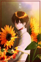 Rule 34 | 1boy, brown eyes, brown hair, capelet, chinese commentary, chinese text, closed mouth, commentary request, fire, flower, gold trim, hair between eyes, highres, jabuchi you, kc-rk sl, long sleeves, male focus, saibou shinkyoku, short hair, solo, sunflower, translation request, upper body, white capelet