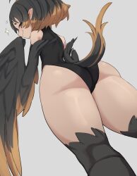 Rule 34 | 1girl, absurdres, ahoge, ass, bare shoulders, bird legs, black hair, black leotard, black wings, brown eyes, brown feathers, brown hair, commentary, english commentary, feathered wings, feathers, from below, grey background, harpy, highres, leotard, looking at viewer, monster girl, multicolored hair, original, pointy ears, simple background, sleeveless turtleneck leotard, smug, solo, sparkle, tail, thus0thus, two-tone hair, two-tone wings, winged arms, wings