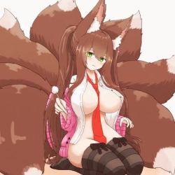 Rule 34 | 1girl, animal ear fluff, animal ears, animated, beckoning, between breasts, blush, bottomless, bouncing breasts, bow legwear, breasts, brown hair, cardigan, cleavage, curvy, fluffy, fox ears, fox girl, fox tail, green eyes, hair over shoulder, heart, huge breasts, kitsune, kyuubi, large breasts, large tail, long hair, looping animation, mimikaki, multiple tails, necktie, necktie between breasts, no panties, open clothes, open shirt, original, pink cardigan, plushmallow, seiza, shiny skin, sidelocks, sitting, smile, solo, striped clothes, striped thighhighs, tail, tazaigo, thick thighs, thighhighs, thighs, twintails, very long hair, video, wide hips