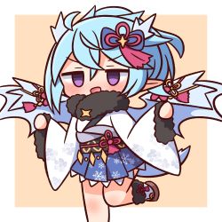 Rule 34 | 1girl, :d, blue bow, blue hair, blue skirt, blue wings, blush, bow, brown background, chibi, empty eyes, feet out of frame, fur-trimmed sleeves, fur collar, fur trim, hair between eyes, hair bow, hana kazari, highres, japanese clothes, kimono, long sleeves, looking at viewer, obi, open mouth, pinching sleeves, pleated skirt, pointy ears, princess connect!, sash, sheffy (new year) (princess connect!), sheffy (princess connect!), skirt, smile, solo, standing, standing on one leg, two-tone background, v-shaped eyebrows, white background, white kimono, wide sleeves, wings