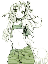 Rule 34 | 1girl, animal ears, camouflage, carbuncle (final fantasy), facial mark, final fantasy, flat chest, gem, grin, gun, hand on own hip, hip focus, jacket, midriff, monochrome, navel, pen (pen3), personification, short hair, smile, solo, tail, tank top, weapon