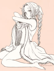 Rule 34 | 1girl, aerith gainsborough, ancotsubu, bare arms, bare legs, barefoot, braid, braided ponytail, breasts, clothes lift, dress, dress lift, final fantasy, final fantasy vii, final fantasy vii remake, full body, hair ribbon, highres, kneeling, long dress, medium breasts, no bra, parted bangs, pink background, ribbon, sidelocks, solo, underwear