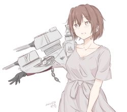 Rule 34 | 1girl, adapted turret, black gloves, brown hair, cannon, dress, furutaka (kancolle), gloves, glowing, glowing eye, grey dress, heterochromia, hikashima (shiofune), kantai collection, machinery, official alternate costume, short hair, simple background, solo, turret, upper body, white background, yellow eyes