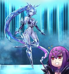 Rule 34 | 2girls, absurdly long hair, absurdres, bare shoulders, blue eyes, blue hair, blue skin, breasts, chibi, chibi inset, circlet, colored skin, commentary, elbow gloves, elemental (creature), english commentary, fate/grand order, fate (series), forehead jewel, fujimaru ritsuka (male), genderswap, genderswap (mtf), glacies (monster girl encyclopedia), gloves, highres, ibenz009, ice, long hair, monster girl encyclopedia, multiple girls, navel, no feet, ponytail, purple hair, red eyes, scathach (fate), scathach skadi (fate), small breasts, snowflakes, transformation, very long hair, wand
