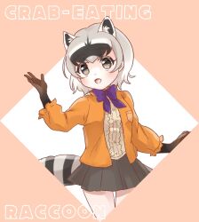 Rule 34 | 1girl, animal ears, blush, bow, bowtie, brown gloves, center frills, cowboy shot, crab-eating raccoon (kemono friends), elbow gloves, extra ears, fang, frills, gloves, grey eyes, grey hair, grey skirt, hair between eyes, highres, jacket, kemono friends, kuromitsu (9633 kmfr), long sleeves, multicolored hair, open clothes, open jacket, open mouth, orange jacket, pantyhose, pleated skirt, puffy sleeves, purple bow, purple bowtie, raccoon ears, raccoon girl, raccoon tail, shirt, short hair, sidelocks, skirt, solo, tail, two-tone hair, white pantyhose, white shirt