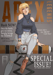 Rule 34 | 1girl, apex legends, artist name, blonde hair, blue eyes, blush, boots, breasts, brown footwear, character name, clothing cutout, commentary, copyright name, cover, english commentary, english text, facial scar, fake magazine cover, glasses, grey lips, grey pants, head tilt, high-waist pants, highres, ifragmentix, jewelry, lightning bolt symbol, magazine cover, medium breasts, necklace, nessie (respawn), pants, photo-referenced, platform boots, platform footwear, ribbed sweater, round eyewear, scar, scar on cheek, scar on face, shoulder cutout, solo, sweater, torn clothes, torn pants, watch, wattson (apex legends), wristwatch