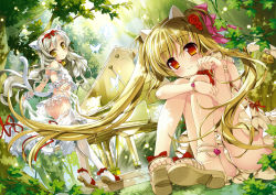 Rule 34 | 2girls, absurdres, animal ears, anklet, armlet, ass, bare shoulders, bell, blonde hair, bracelet, breasts, bug, butterfly, cat ears, cat tail, choker, dress, fingernails, flat chest, flower, forest, fujima takuya, grand piano, hair flower, hair ornament, highres, bug, instrument, jewelry, hugging own legs, long hair, looking back, miniskirt, multiple girls, nature, original, paw pose, piano, red eyes, sandals, see-through, sideboob, silver hair, sitting, skirt, small breasts, smile, tail, thighhighs, toes, twintails, white dress, white legwear, white skirt, yellow eyes