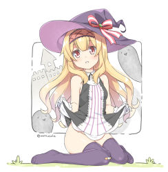 Rule 34 | 1girl, bandaid, bandaid on knee, bandaid on leg, bare shoulders, black dress, blonde hair, blush, bow, breasts, commentary request, dress, ghost, gloves, hair between eyes, hair bow, hairband, hat, hatsunatsu, little witch nobeta, long hair, looking at viewer, no panties, no shoes, nobeta, parted lips, purple headwear, purple thighhighs, red eyes, red hairband, sitting, skirt hold, sleeveless, sleeveless dress, small breasts, solo, striped bow, striped clothes, striped dress, thighhighs, twitter username, vertical-striped clothes, vertical-striped dress, very long hair, wariza, white background, white gloves, witch hat