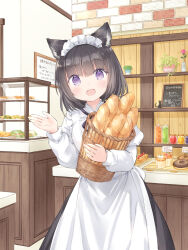 Rule 34 | 1girl, :d, animal ear fluff, animal ears, apron, baguette, basket, black hair, black skirt, bread, cat ears, commentary request, cupcake, doughnut, fang, food, indoors, juliet sleeves, komugi (wataame27), long sleeves, looking at viewer, maid headdress, hugging object, open mouth, original, puffy sleeves, purple eyes, shirt, skirt, smile, solo, translation request, waitress, wataame27, white apron, white shirt