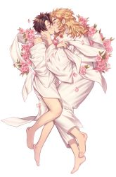 Rule 34 | 2boys, bare shoulders, barefoot, blonde hair, blush, brown hair, closed mouth, clothes grab, colored tips, couple, crying, earrings, face-to-face, flame print, flower, forked eyebrows, from side, full body, hair down, hand on another&#039;s neck, hand up, highres, japanese clothes, jewelry, kamado tanjirou, kimetsu no yaiba, kimono, kiss, long hair, long sleeves, male focus, multicolored hair, multiple boys, obi, off shoulder, petals, pink flower, profile, red hair, rengoku kyoujurou, sash, sidelocks, simple background, smile, streaked hair, undressing, untied, white background, white kimono, wide sleeves, yaoi, yeangol