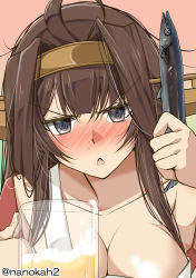 Rule 34 | 1girl, @ @, ahoge, alcohol, apron, beer, beer mug, blush, breasts, brown hair, chestnut mouth, cleavage, close-up, collarbone, cup, double bun, drunk, fish, hairband, headgear, highres, kantai collection, kongou (kancolle), large breasts, long hair, mug, nanokah2, nose blush, pink background, saury, solo, twitter username, white apron