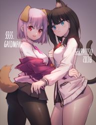 Rule 34 | 10s, 2girls, absurdres, animal ears, ass, black hair, black pantyhose, blue eyes, blush, breasts, cardigan, cat ears, cat tail, contrapposto, copyright name, cowboy shot, dog ears, dog tail, from side, gridman universe, highres, huge filesize, kemonomimi mode, large breasts, looking at viewer, medium breasts, microskirt, multiple girls, off shoulder, pantyhose, pink hair, pleated skirt, red eyes, school uniform, shinjou akane, short hair, simple background, skirt, ssss.gridman, tail, takarada rikka, thighs