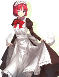 Rule 34 | 1girl, apo (apos2721), apron, bow, bowtie, brown dress, closed mouth, dress, hisui (tsukihime), juliet sleeves, long sleeves, looking at viewer, maid, maid apron, maid headdress, one eye closed, parted bangs, pink hair, puffy sleeves, red bow, red ribbon, ribbon, shadow, short hair, simple background, skirt hold, smile, solo, tsukihime, white background