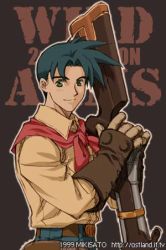 Rule 34 | 1boy, ashley winchester, belt, blue hair, blush, denim, gloves, green eyes, gun, jeans, lowres, male focus, mikisato, pants, scarf, short hair, smile, solo, weapon, wild arms, wild arms 2, wild arms 2nd ignition