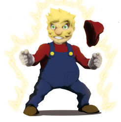 Rule 34 | 1boy, angry, anny-d, aura, blonde hair, clenched hand, clenched teeth, dragon ball, dragonball z, facial hair, fighting stance, green eyes, hat, male focus, mario, mario (series), mustache, nintendo, parody, shoes, solo, super mario bros. 1, super saiyan, suspenders, teeth, white background