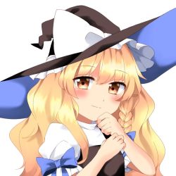 Rule 34 | 1girl, blonde hair, blush, bow, braid, brown eyes, commentary, hand to own mouth, hands up, hat, kirisame marisa, long hair, lovestruck, ribbon, single braid, smile, solo, touhou, vest, wavy hair, witch hat, yururi nano