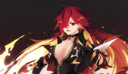 Rule 34 | 1girl, breasts, choker, cleavage, earrings, elesis (elsword), elsword, fiery hair, fire, flame lord (elsword), gloves, hair over one eye, highres, holding, jewelry, large breasts, long hair, looking at viewer, multicolored hair, open mouth, red eyes, red hair, shiliuye feiyu, smile, solo, sword, upper body, weapon, zipper
