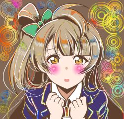 Rule 34 | 1girl, :o, artist name, artist request, blazer, blush, bow, brown eyes, brown hair, collared shirt, female focus, hair bow, highres, jacket, light brown hair, long hair, looking at viewer, love live!, love live! school idol project, miman0801, minami kotori, one side up, orange eyes, pleated skirt, school uniform, shirt, side ponytail, skirt, smile, solo