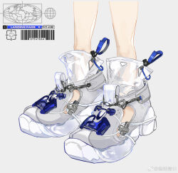 Rule 34 | 1other, ambiguous gender, barcode, bare legs, belt, blue belt, chinese commentary, clothing cutout, commentary request, feet only, grey background, grey footwear, highres, logo, nintendo, see-through footwear, shoe belt, shoes, simple background, sneakers, solo, splatoon (series), watermark, weibo logo, weibo watermark, yize qingri