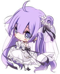 Rule 34 | 1girl, ahoge, azur lane, bare shoulders, black bow, black ribbon, blue eyes, blush, bow, chibi, closed mouth, commentary request, detached sleeves, dress, flower, full body, hair between eyes, hair bun, hair flower, hair ornament, hair ribbon, long hair, long sleeves, looking at viewer, pantyhose, puffy long sleeves, puffy sleeves, purple hair, ribbon, see-through, side bun, simple background, single hair bun, single side bun, sleeves past wrists, smile, solo, standing, strapless, strapless dress, sukireto, twintails, unicorn (a dream of pure vows) (azur lane), unicorn (azur lane), very long hair, wedding dress, white background, white dress, white flower, white pantyhose, white sleeves