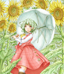 Rule 34 | 1girl, ascot, blue sky, boots, breasts, brown footwear, cloud, commentary, contrapposto, day, feet out of frame, field, flower, flower field, green hair, holding, holding umbrella, kazami yuuka, kneehighs, large breasts, long sleeves, looking to the side, open clothes, open mouth, open vest, outdoors, plaid, plaid skirt, plaid vest, red eyes, shirt, short hair, skirt, sky, socks, solo, standing, sunflower, sunflower field, touhou, umbrella, vest, white shirt, white socks, yellow ascot, ys (ytoskyoku-57)