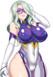 Rule 34 | 1girl, breasts, cowboy shot, elbow gloves, gloves, green hair, hair over one eye, highleg, highleg leotard, highres, ikameshi (nega96396), large breasts, leotard, lipstick, looking at viewer, makeup, mask, naughty face, pointy ears, red lips, shiny clothes, shiny skin, skin tight, slit pupils, smile, snake lady, solo, taimanin (series), taimanin asagi, taimanin asagi gaiden, taimanin asagi zero, taimanin rpgx, thong leotard, yellow eyes
