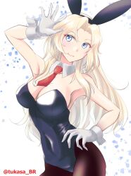 Rule 34 | 1girl, alternate costume, animal ears, black leotard, black pantyhose, blonde hair, breasts, detached collar, gloves, grey eyes, highres, hornet (kancolle), kantai collection, large breasts, leotard, long hair, looking at viewer, neckerchief, pantyhose, parted bangs, playboy bunny, rabbit ears, red neckerchief, solo, tsukasa (tukasa br), twitter username, white background, white gloves, wrist cuffs