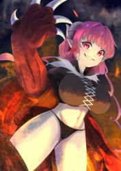 Rule 34 | 1girl, absurdres, breasts, cape, claws, cowboy shot, dragon claw, dragon girl, dragon horns, fire, hand up, highres, horns, ilulu (maidragon), kobayashi-san chi no maidragon, large breasts, looking at viewer, navel, parted lips, pink eyes, pink hair, pointy ears, sharp teeth, slit pupils, smile, solo, sparks, teeth, yoruillust