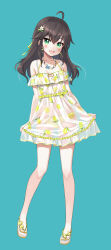 Rule 34 | 1girl, ahoge, bikini, bikini under clothes, blurry, blurry background, blush, braid, brown hair, commentary request, dress, flower, four-leaf clover earrings, french braid, full body, green eyes, hair flower, hair ornament, half updo, highres, hololive, jewelry, long hair, looking at viewer, minamura haruki, natsuiro matsuri, necklace, off-shoulder dress, off shoulder, sandals, see-through, see-through dress, shell, shell necklace, skirt hold, solo, swimsuit, virtual youtuber, yellow bikini