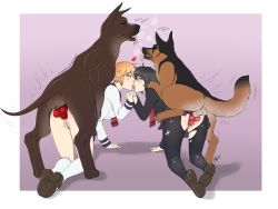 Rule 34 | 2girls, all fours, anal, animal penis, bestiality, bisexual, bisexual female, black hair, black socks, blonde hair, blush, border, brown eyes, dog, dog penis, doggystyle, french kiss, highres, holding hands, inugami-san to nekoyama-san, inugami yachiyo, kiss, kneehighs, looking at another, miniskirt, multiple girls, nekoyama suzu, no panties, pantyhose, penis, pink background, pussy, saliva, school uniform, sex, sex from behind, short hair, simple background, skirt, socks, thighsocksandknots, tongue, tongue out, uncensored, vaginal, white border, white legwear