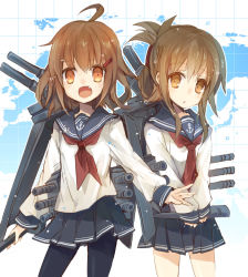 Rule 34 | 10s, 2girls, ahoge, brown eyes, brown hair, fang, folded ponytail, hair ornament, hairclip, ikazuchi (kancolle), inazuma (kancolle), kantai collection, looking at viewer, machinery, multiple girls, open mouth, pantyhose, sleeves past wrists, suzushiro kurumi, turret, v arms