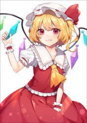 Rule 34 | 1girl, arm up, ascot, blonde hair, blurry, bow, chromatic aberration, cowboy shot, crystal, depth of field, fang, fang out, flandre scarlet, frilled shirt collar, frills, glint, hand up, hat, hat bow, highres, holding, light smile, mob cap, one side up, peta (snc7), puffy short sleeves, puffy sleeves, red bow, red eyes, red vest, short hair, short sleeves, simple background, solo, touhou, vest, white background, white hat, wings, wrist cuffs, yellow ascot