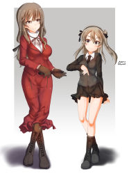 Rule 34 | 2girls, absurdres, blush, breasts, closed mouth, full body, girls und panzer, grey eyes, grey hair, highres, large breasts, looking at viewer, megadeko, mother and daughter, multiple girls, shimada arisu, shimada chiyo, small breasts, smile, standing