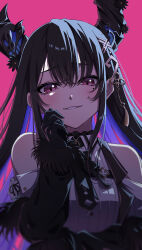 Rule 34 | 1girl, absurdres, akashi (4kc 27), asymmetrical horns, bare shoulders, black gloves, black hair, black jacket, blue hair, clothing cutout, collared shirt, colored inner hair, demon horns, evil smile, fur trim, gloves, hand on own face, highres, hololive, hololive english, horn flower, horns, jacket, long hair, long sleeves, looking at viewer, mole, mole under eye, multicolored hair, nerissa ravencroft, nerissa ravencroft (1st costume), off shoulder, parted lips, pink background, red eyes, ribbed shirt, shirt, shoulder cutout, smile, smug, solo, two-tone hair, uneven horns, very long hair, virtual youtuber, white shirt