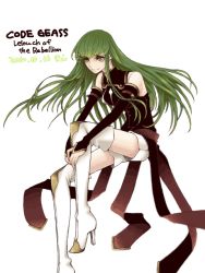 Rule 34 | 1girl, boots, c.c., code geass, female focus, green hair, high heels, long hair, shoes, short shorts, shorts, solo, tegaki, thigh boots, thighhighs, white background, yellow eyes