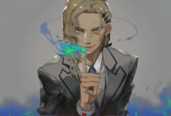 Rule 34 | 10s, 1boy, bad id, bad pixiv id, blue fire, evil smile, finger to mouth, fire, formal, green fire, grey hair, hair ornament, hairclip, highres, long hair, male focus, necktie, par., smile, solo, suit, tiger &amp; bunny, yuri petrov