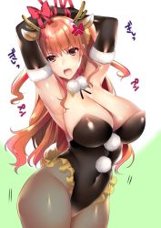 Rule 34 | 1girl, anger vein, animal ears, antlers, armpits, arms up, bdsm, black pantyhose, bondage, bound, bound arms, bow, breasts, brown eyes, brown hair, cleavage, covered navel, deer ears, deer tail, elbow gloves, fang, frills, gloves, hanpen (hannpenn2), horns, large breasts, leotard, looking at viewer, matching hair/eyes, open mouth, original, pantyhose, pom pom (clothes), reindeer antlers, ribbon, ribbon bondage, scowl, solo, tail