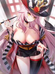 Rule 34 | 1girl, animal ear fluff, animal ears, bare shoulders, black hat, black thighhighs, blurry, blurry background, blush, breasts, cleavage, closed mouth, commentary request, depth of field, ears through headwear, eyes visible through hair, fate/grand order, fate (series), hair between eyes, hair over one eye, hat, head tilt, highres, holding, holding smoking pipe, kiseru, koyanskaya (fate), koyanskaya (foreigner) (second ascension) (fate), large breasts, licking lips, long hair, looking at viewer, nail polish, pink hair, red nails, ririko (zhuoyandesailaer), single thighhigh, smile, smoking pipe, solo, tail, tamamo (fate), thigh gap, thighhighs, thighs, tongue, tongue out, top hat, very long hair, yellow eyes