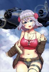 Rule 34 | 1girl, absurdres, aircraft, b-29 superfortress, belt, blue eyes, blush, bra, breasts, cleavage, cloud, flower, hair flower, hair ornament, highres, lingerie, long hair, midriff, navel, nogami takeshi, open mouth, pink hair, scan, sky, solo, underwear