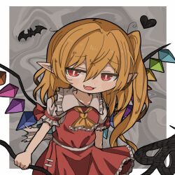 Rule 34 | 1girl, ascot, bat (animal), blonde hair, collared dress, dress, flandre scarlet, frilled dress, frills, grey background, heart, highres, holding, holding stick, long hair, looking at viewer, outline, red dress, red eyes, short sleeves, solo, stick, touhou, upper body, white outline, zunusama